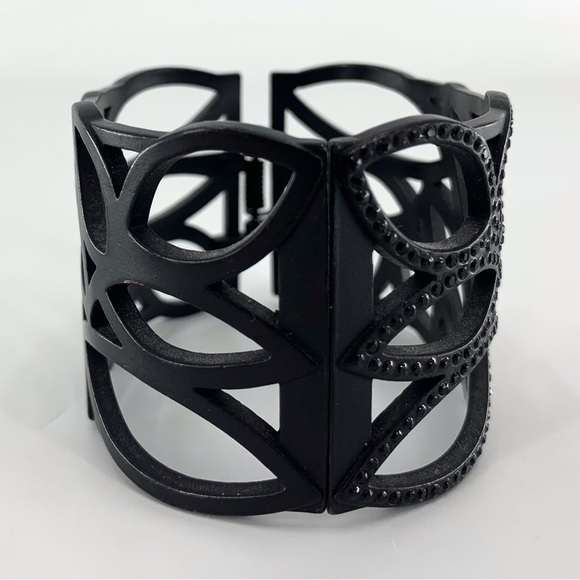 Black Rhinestone Encrusted Hollow Leaf Patterned Hinged Cuff Bracelet - Picture 8 of 14